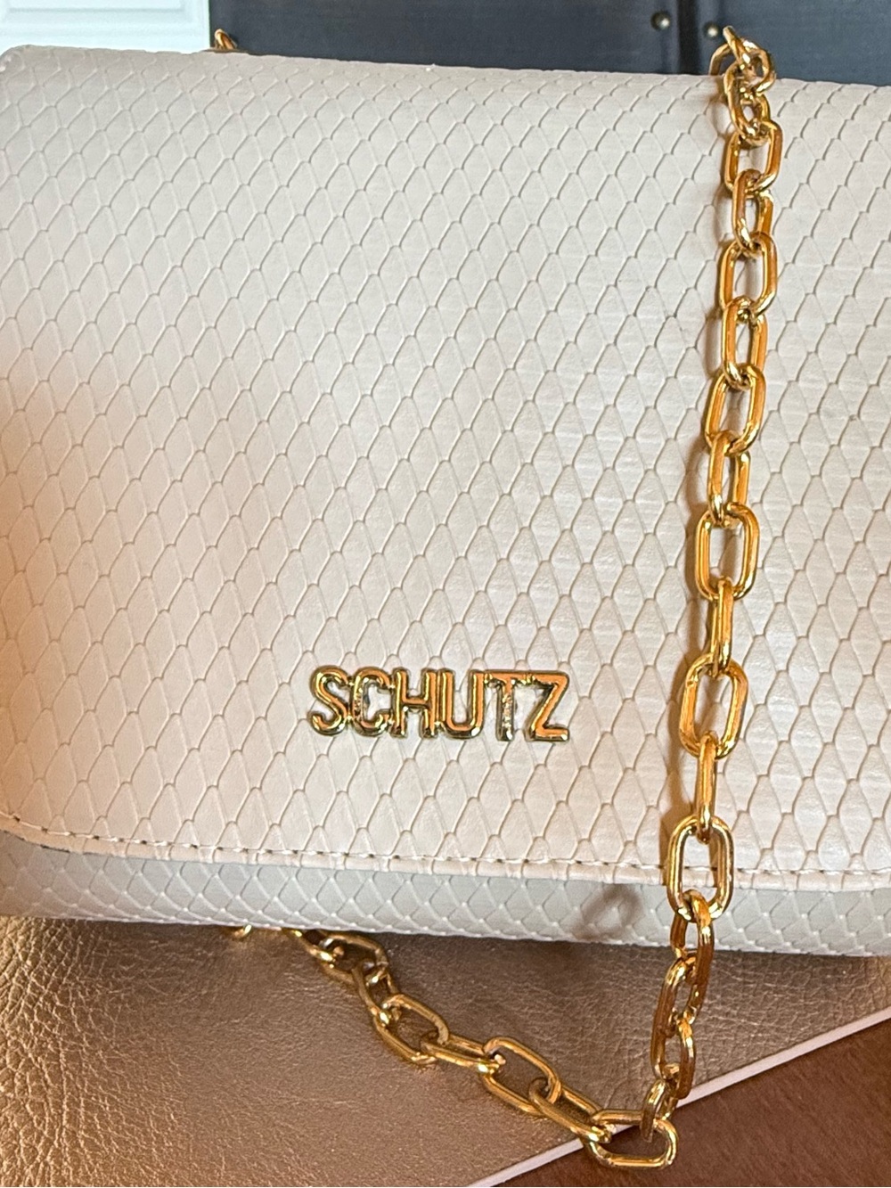 SCHUTZ Cream Textured Leather Crossbody with Gold Chain
